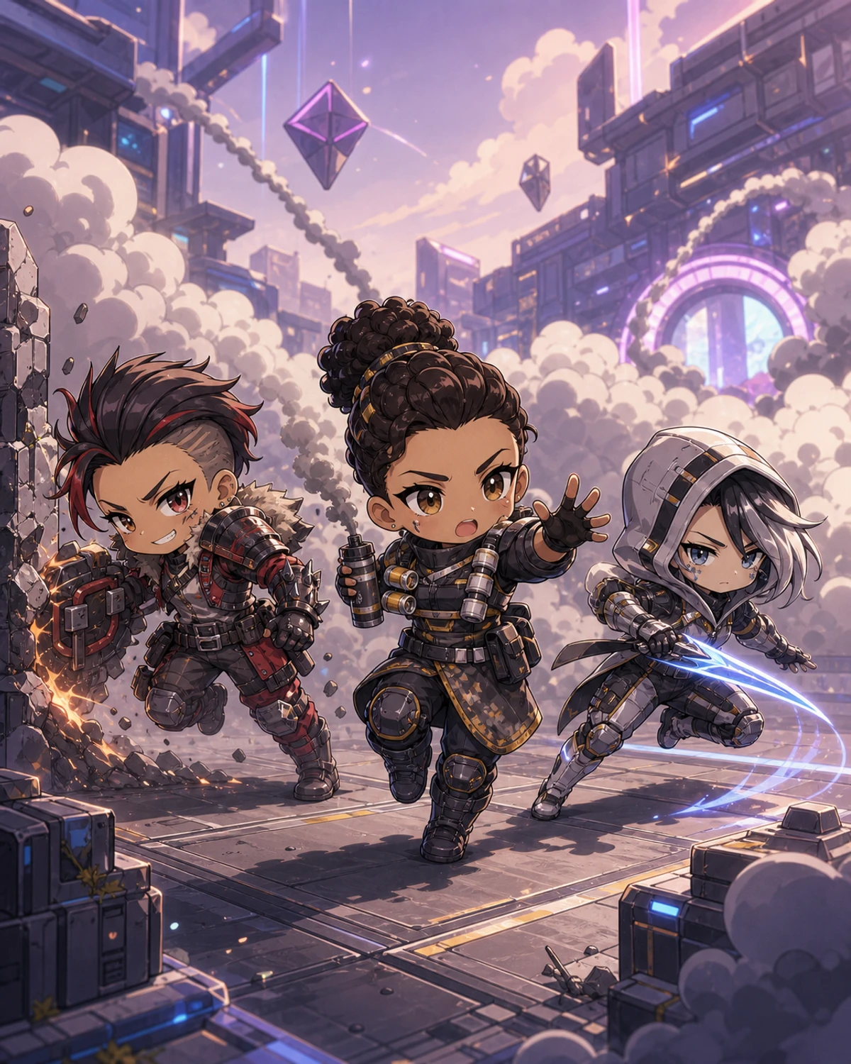 煙と突入口を進む、マッドマギー、バンガロール、アッシュ風のミニキャラによるオリジナルファンアート。